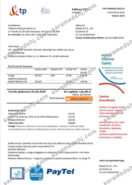 Poland TP business utility bill template in Word and PDF formats